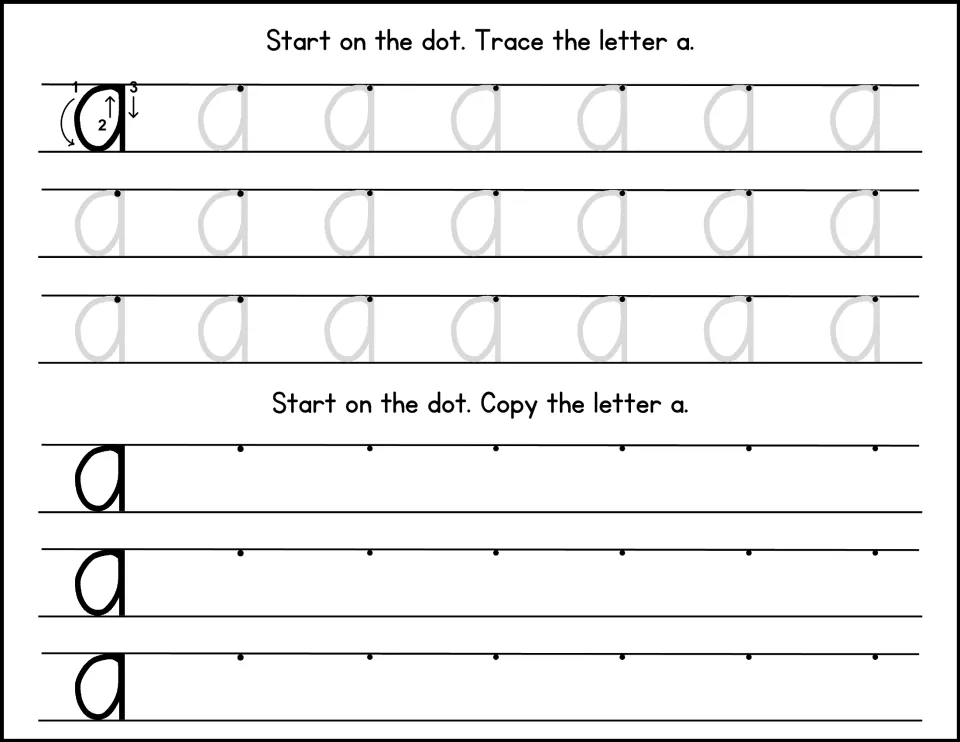 Lowercase a formation: students follow 3 numbered stroke arrows, trace gray a's from the dot, then copy a on 3 rows