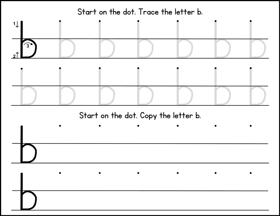 Letter b practice: a model numbers the tall down stroke, back up and bump; students trace faded b's and copy b twice