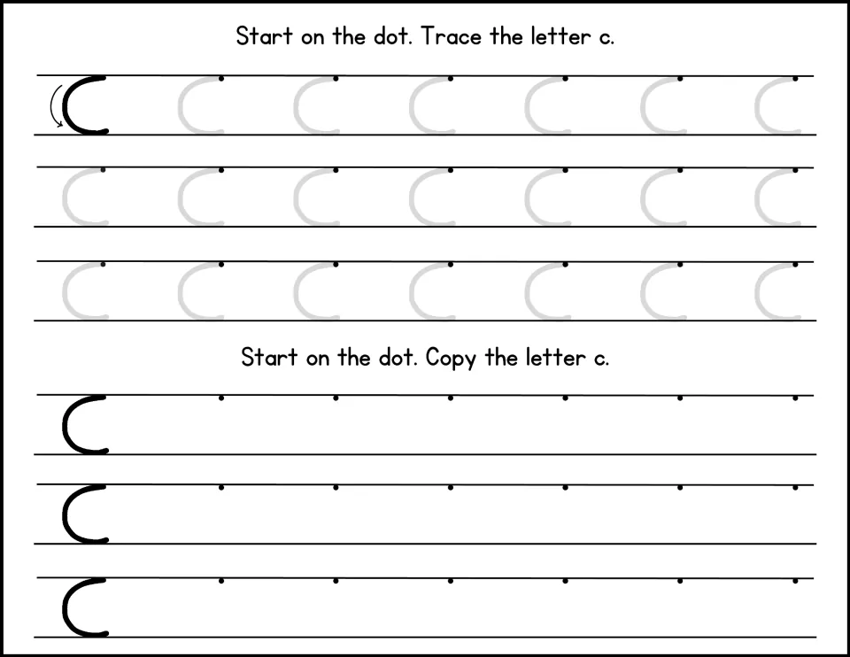 Writing c: a single curved stroke with a start arrow, then children trace rows of gray c's and copy c starting at the dot