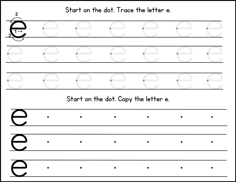 Letter e strokes: across the middle first, then around and under as steps 1-3; students trace faded e's and copy 3 rows