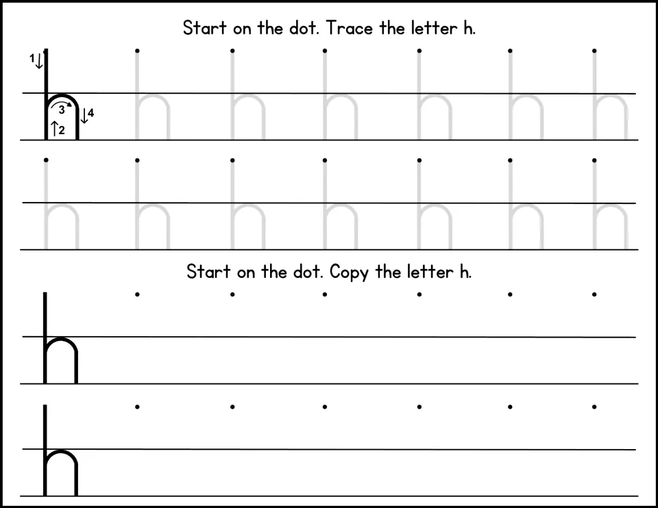 Letter h: tall line down, back up, over the hump and down as strokes 1-4; students trace light h's and copy two rows