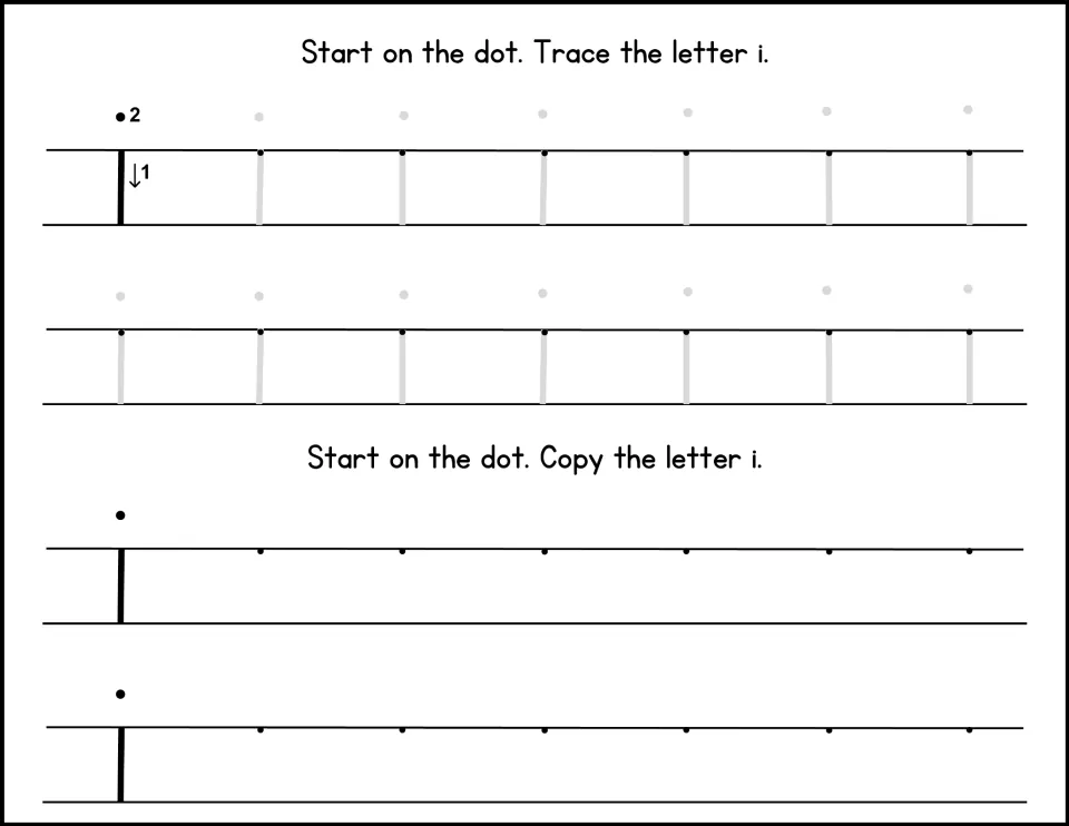 Writing i: short line down first, then the dot on top as step 2; learners trace gray i's and copy i from each starting dot