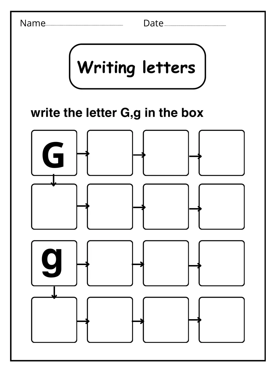 Writing letters: students copy G and g into a chain of empty boxes, following arrows from a model letter in each set