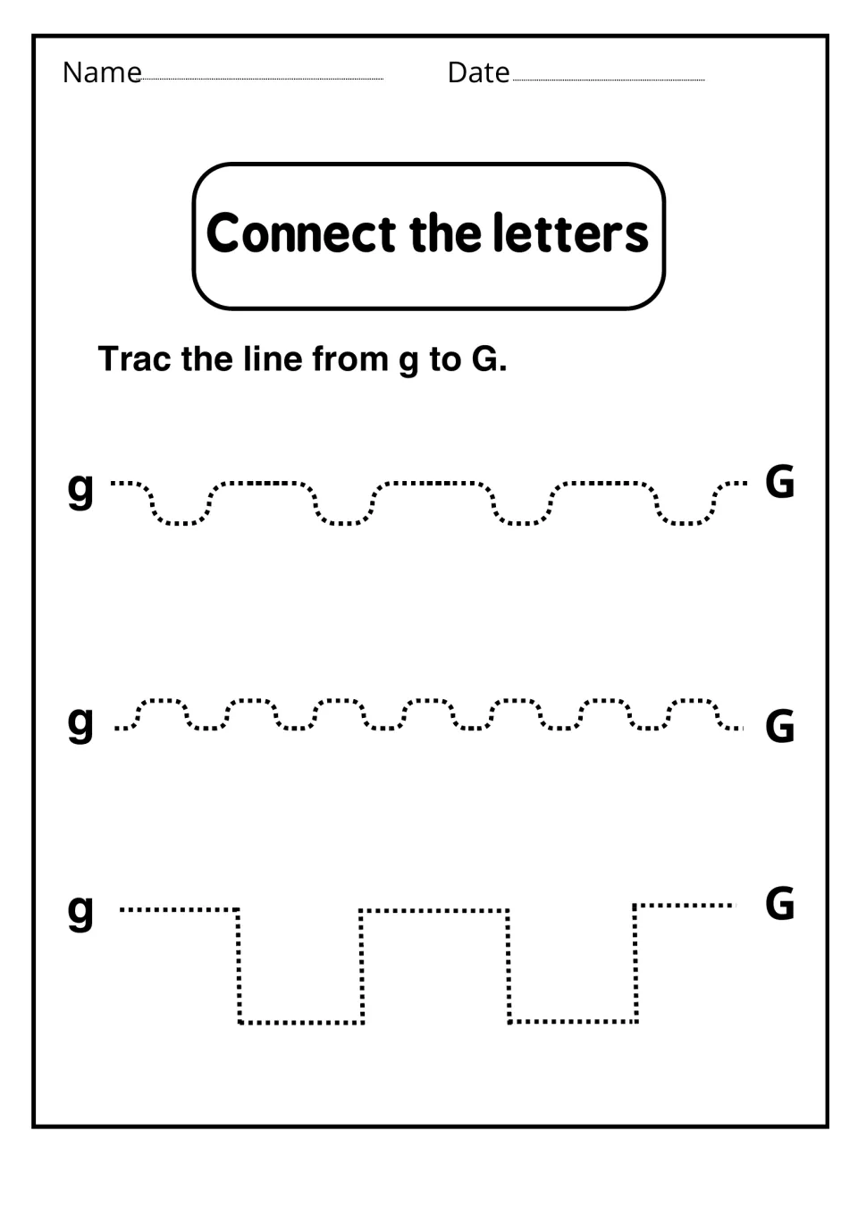 Connect the letters: students trace three dotted wavy and stepped paths linking lowercase g to uppercase G