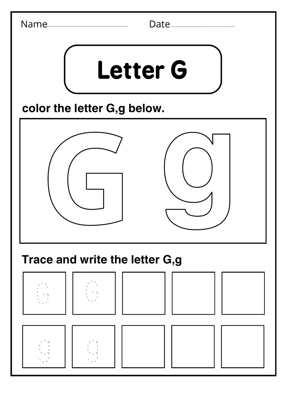 Letter G: students color large outlined G and g, trace two dotted examples of each, then write their own
