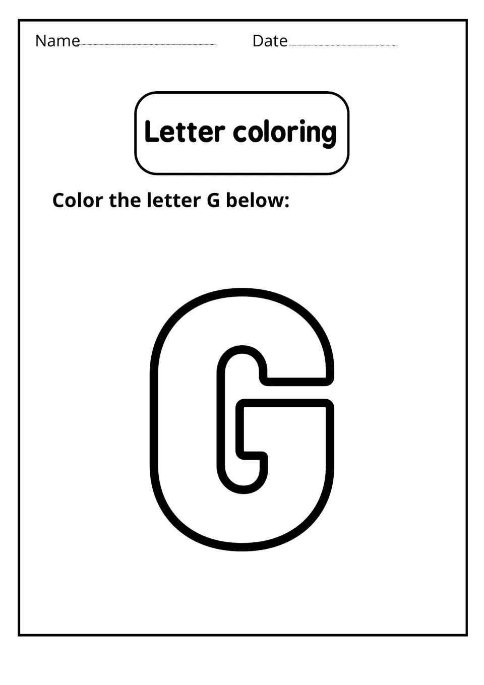 Letter coloring: students color one large bubble-outline uppercase G, focusing on the capital letter shape