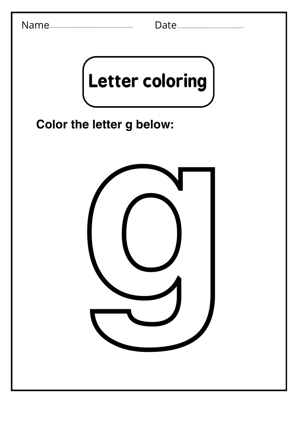 Letter coloring for lowercase g: students color one large outlined g printed below the instruction