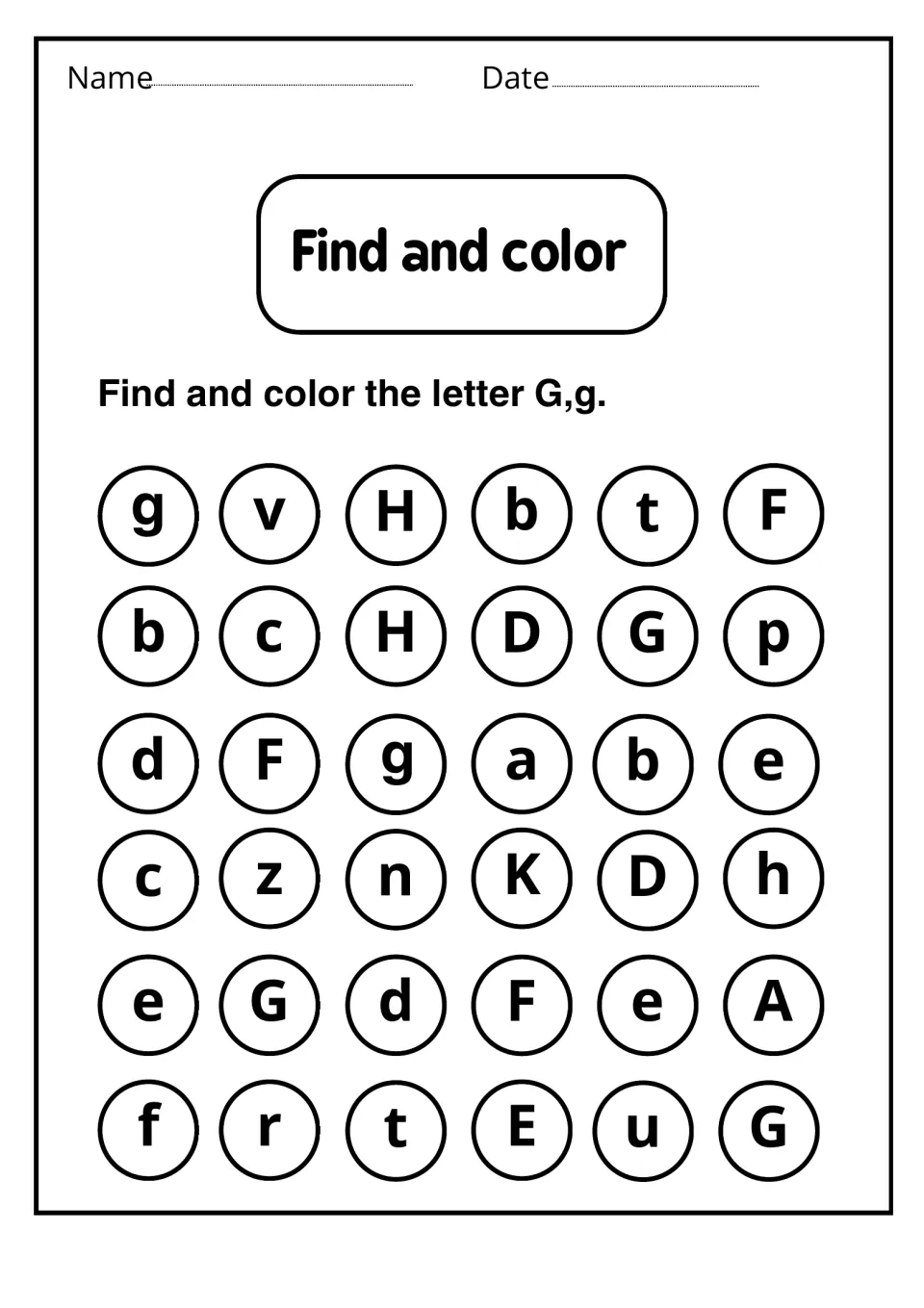 Find and color: letter recognition with 36 circled mixed letters; students color every uppercase G and lowercase g