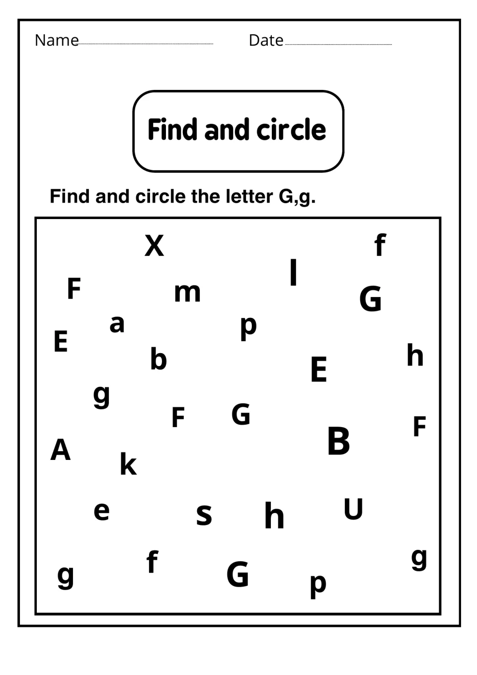 Find and circle: letter recognition among scattered letters like F, E and h; students circle each G and g