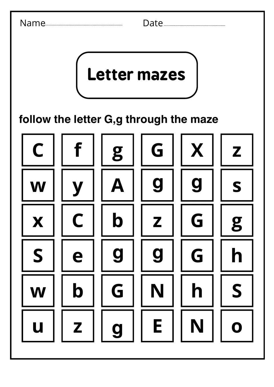 Letter mazes: students follow a path of only G and g squares through a 6 by 6 maze of mixed letters