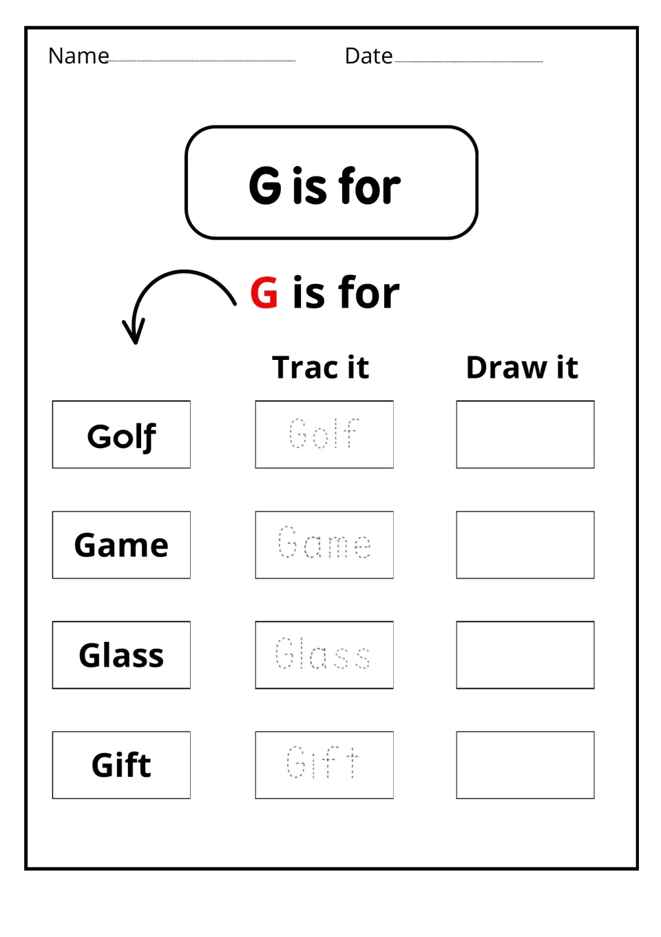 G is for: students read Golf, Game, Glass and Gift, trace each dotted word, then draw a picture of it