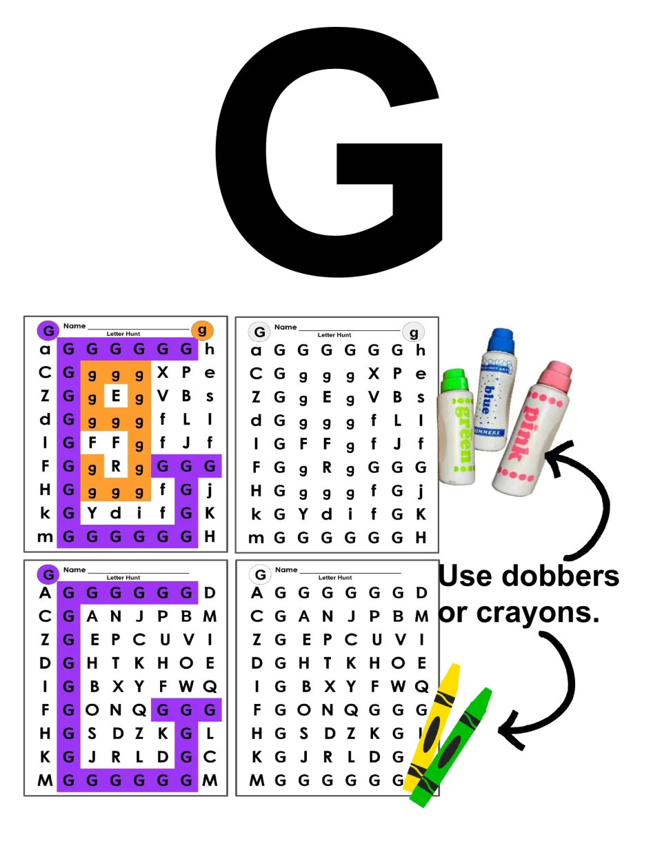 Big letter G cover showing four Letter Hunt pages, colored and blank, with a note to use dobbers or crayons