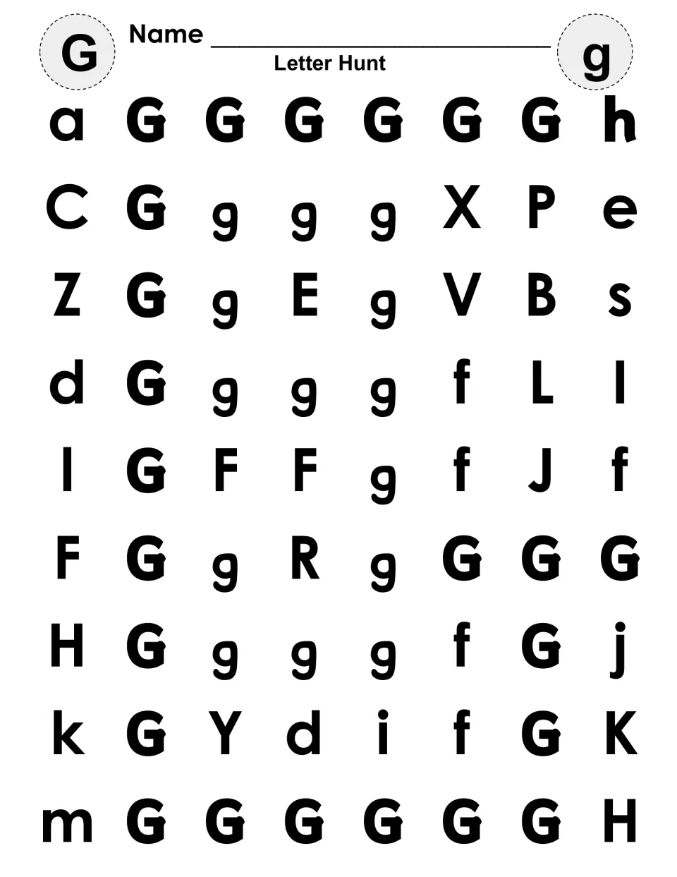Letter Hunt for G and g: students find and color every uppercase G and lowercase g among mixed letters to reveal a shape