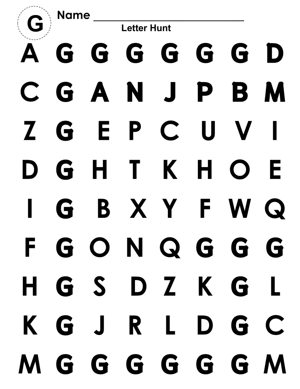 Uppercase Letter Hunt: students spot and color each capital G hidden among other capital letters to build a large G