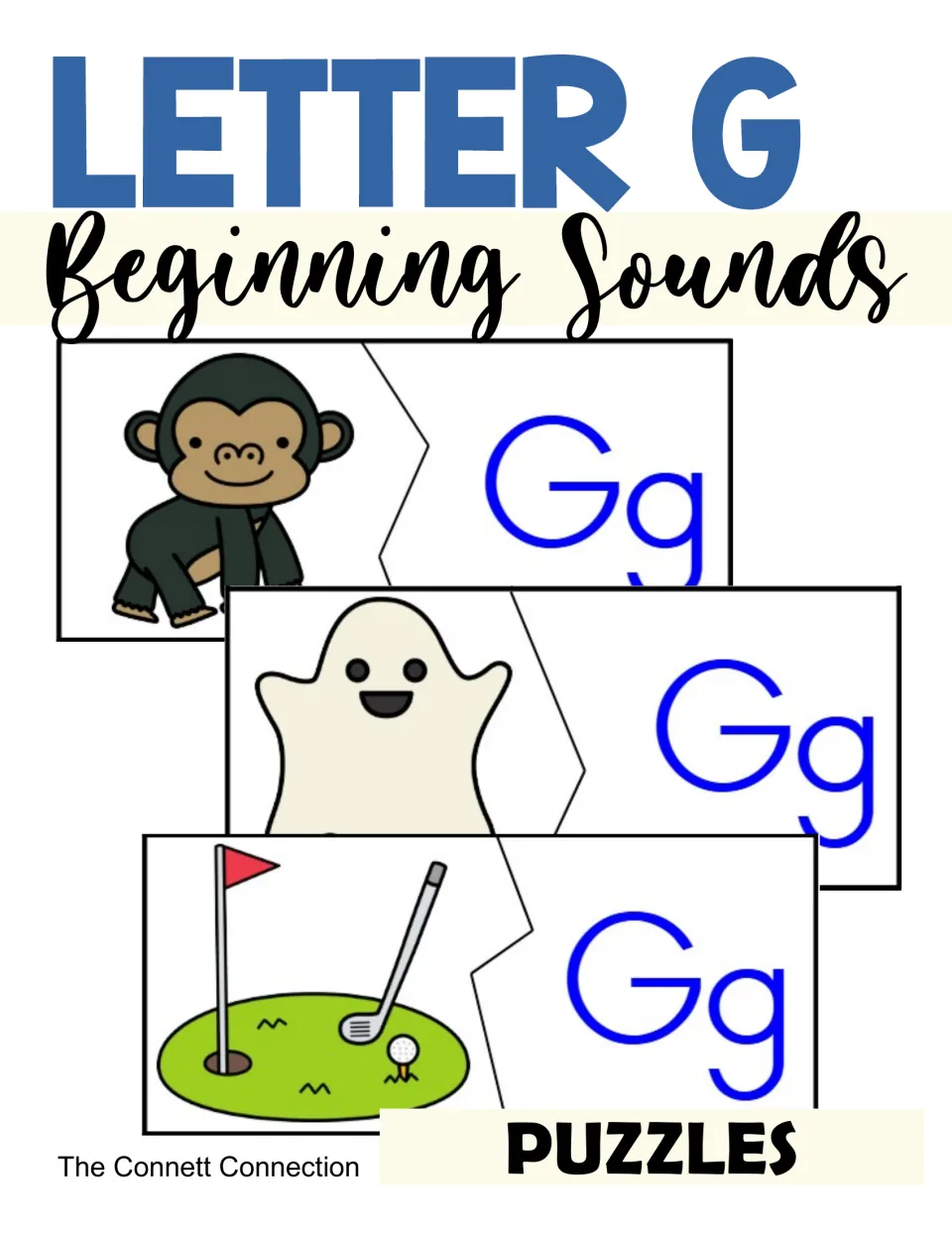 Cover for Letter G beginning sounds puzzles showing gorilla, ghost and golf picture halves joined to Gg letter halves