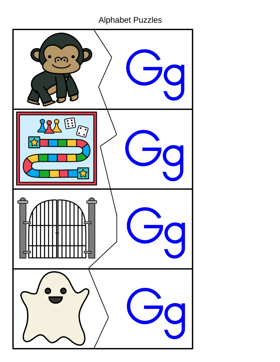 Alphabet puzzles: students match gorilla, game board, gate and ghost pictures to Gg halves by the beginning G sound