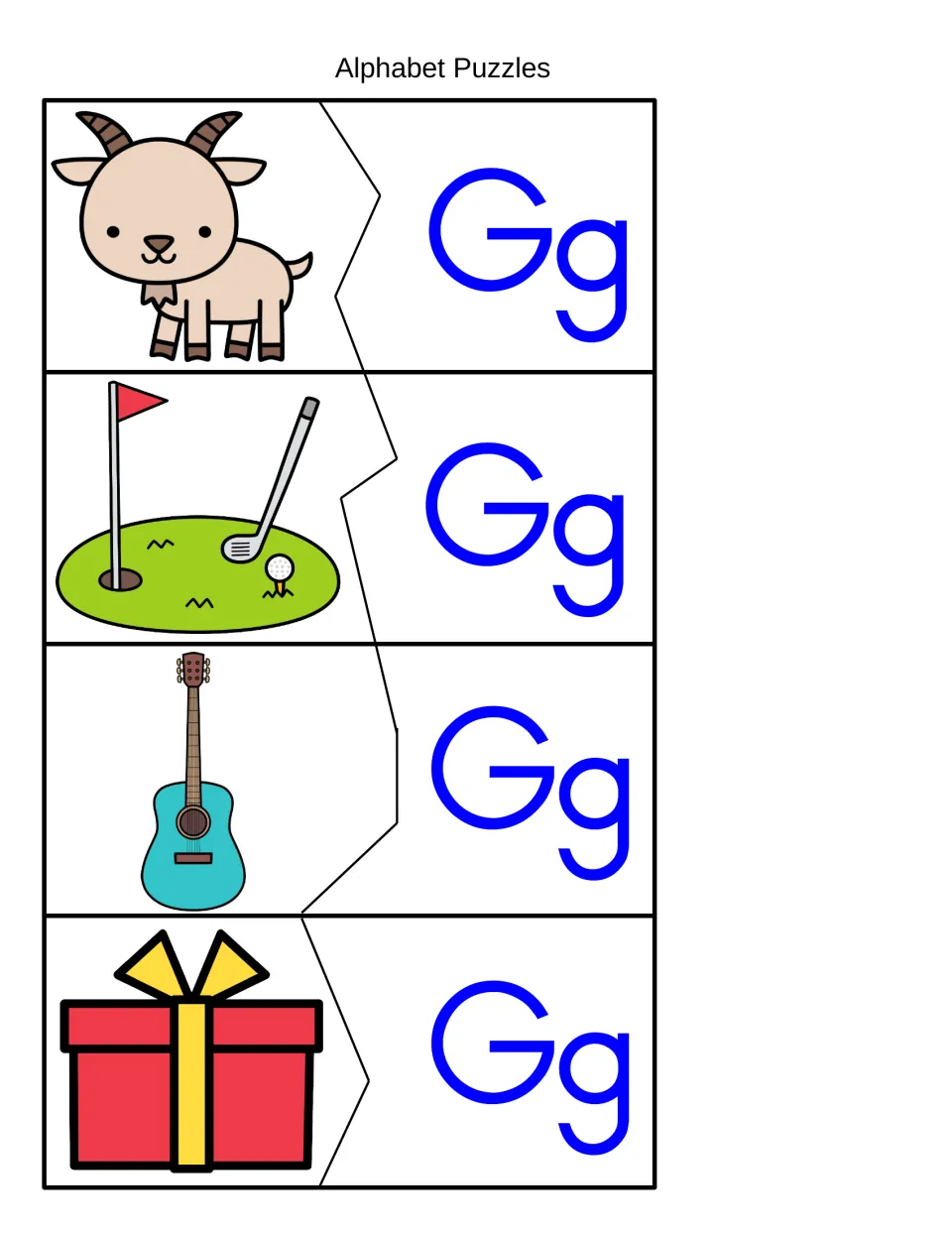 Two-piece G sound puzzles: students join goat, golf, guitar and gift pictures to matching Gg letter pieces