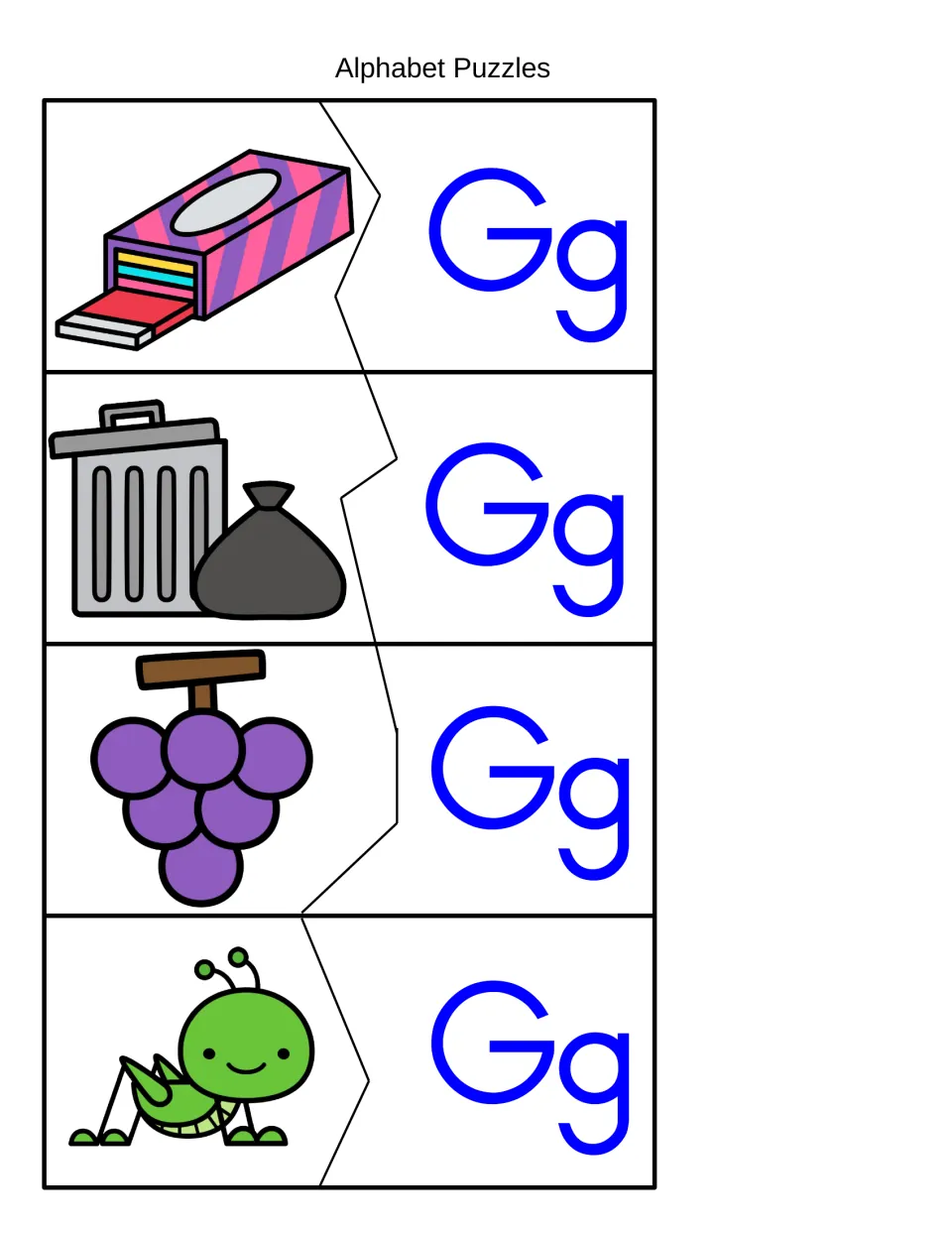 Beginning sound G matching: students fit gum, garbage, grapes and grasshopper picture pieces to their Gg letter pieces