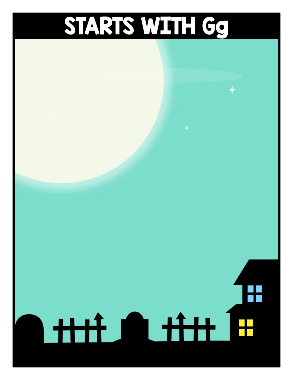 Starts With Gg sorting mat: students place ghost cards whose names begin with the /g/ sound on a moonlit night scene
