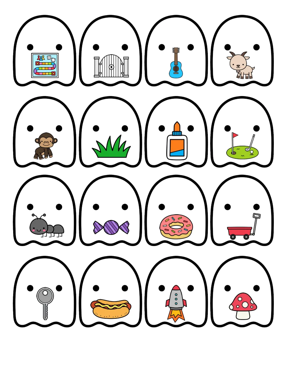 Ghost picture cards to cut and sort by first sound, such as goat, gate, guitar and glue versus ant, donut, key and rocket