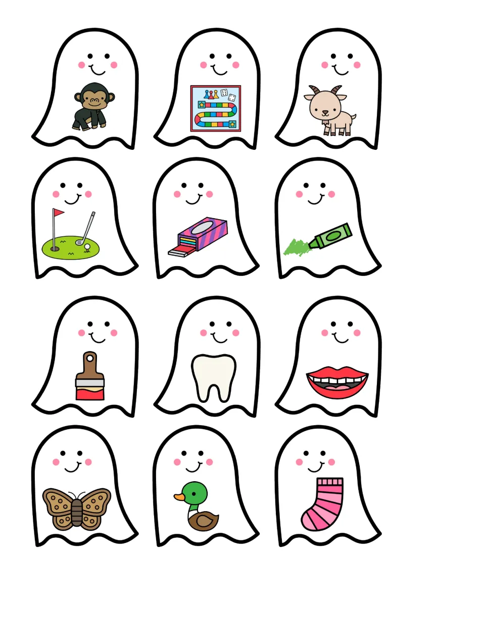 Letter G sound cards: 12 ghost cards such as gorilla, goat, golf, gum, tooth and sock for students to cut and sort