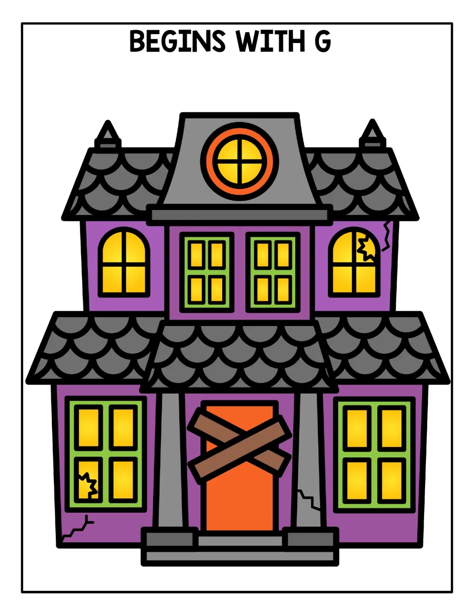 Begins With G sorting mat: students place ghost cards whose pictures start with the G sound on the haunted house