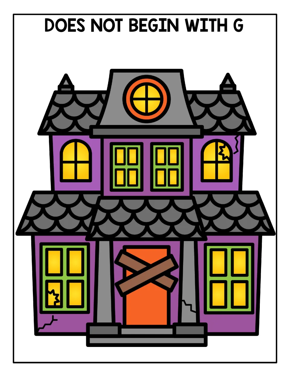 Does Not Begin With G sorting mat: students place ghost cards for pictures with other first sounds on the haunted house