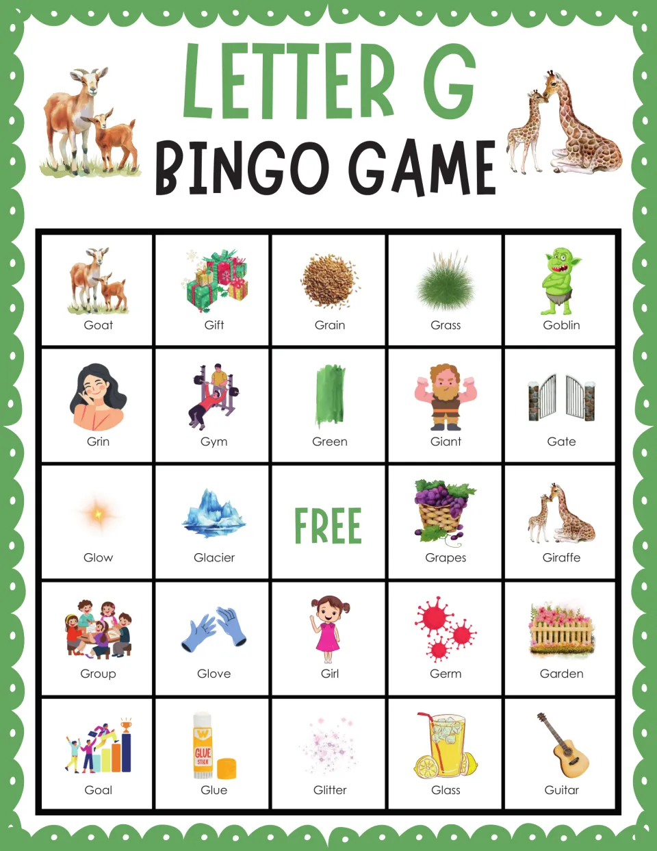 Letter G bingo card 1: students mark pictured G words like Goat, Gift, Grain, Grass and Goblin around a FREE center