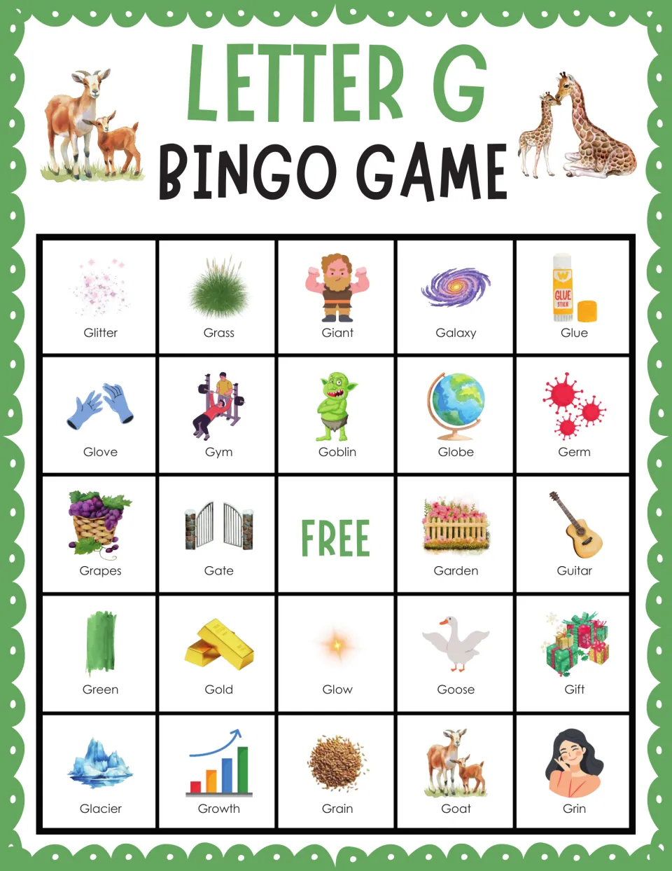 Letter G bingo card 2: pictures of Glitter, Grass, Giant, Galaxy and Glue lead 24 G words to find and cover