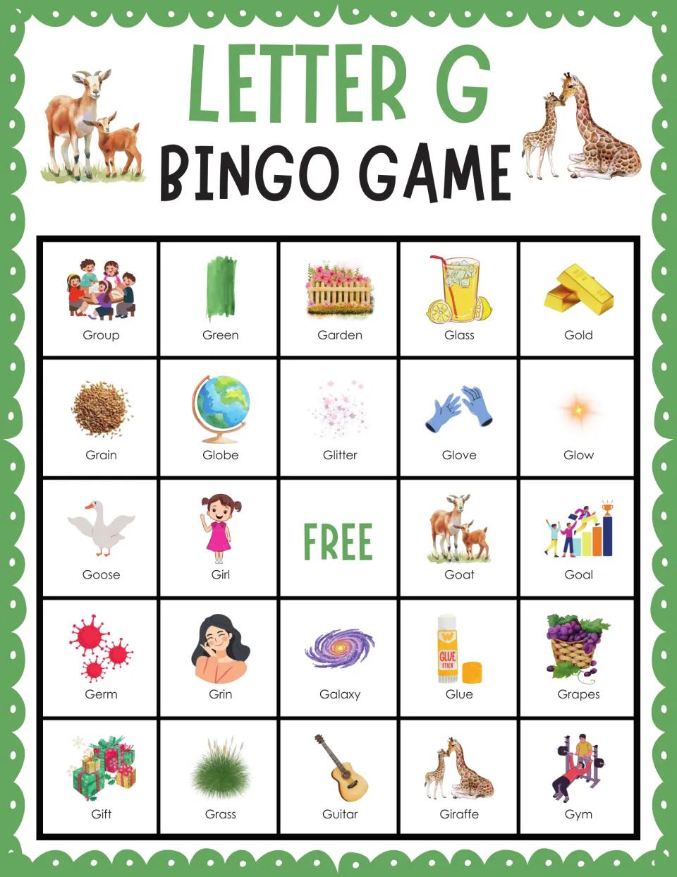 Letter G bingo card 3: players cover Group, Green, Garden, Glass, Gold and other illustrated G words as they are called