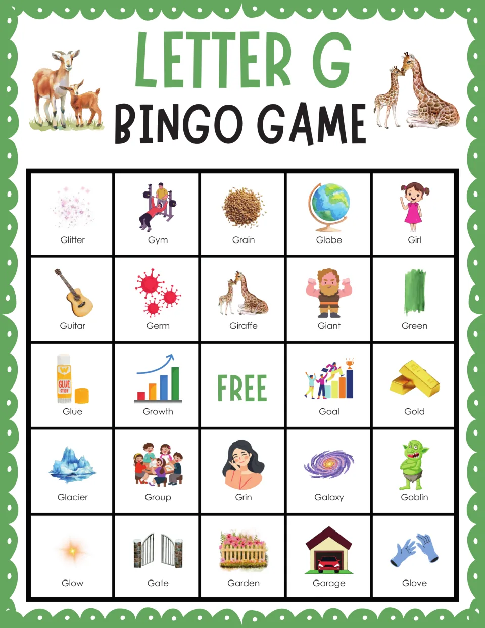 Letter G bingo card 4: students match called words to G pictures from Glitter, Gym and Grain to Garage and Glove