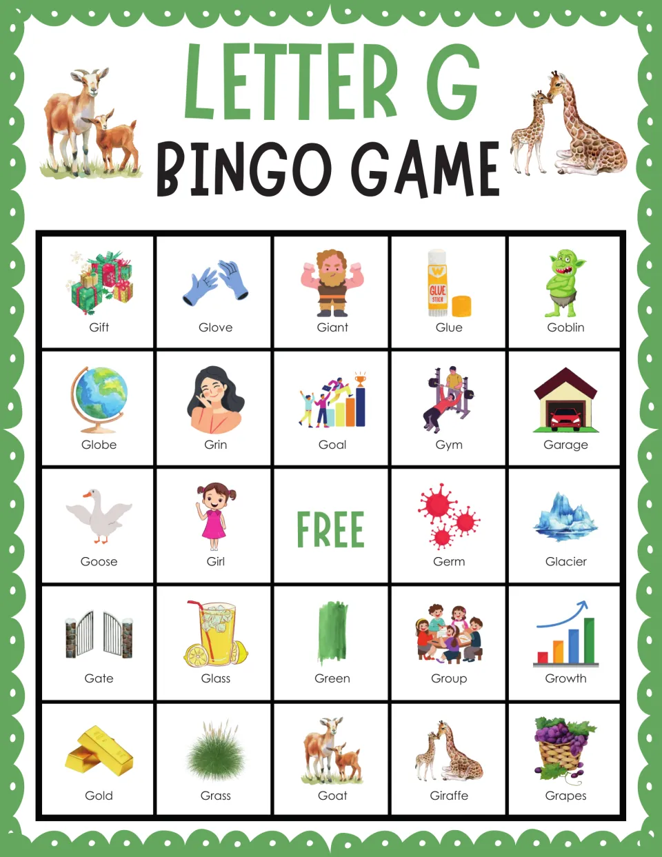 Letter G bingo card 5: Gift, Glove, Giant, Glue and Goblin open a set of labeled G pictures to recognize and mark