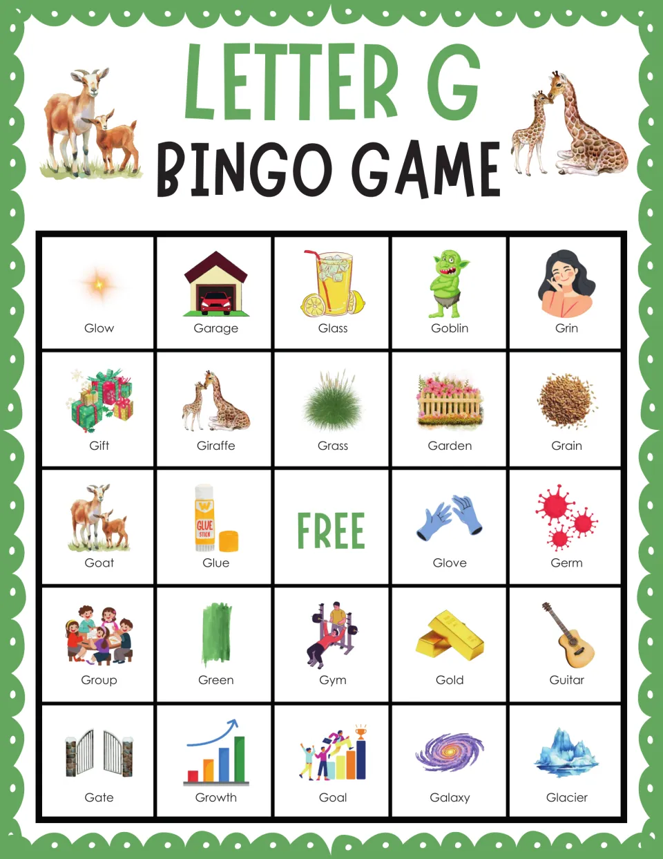 Letter G bingo card 6: students listen for G words such as Glow, Garage, Glass, Goblin and Grin and cover each picture