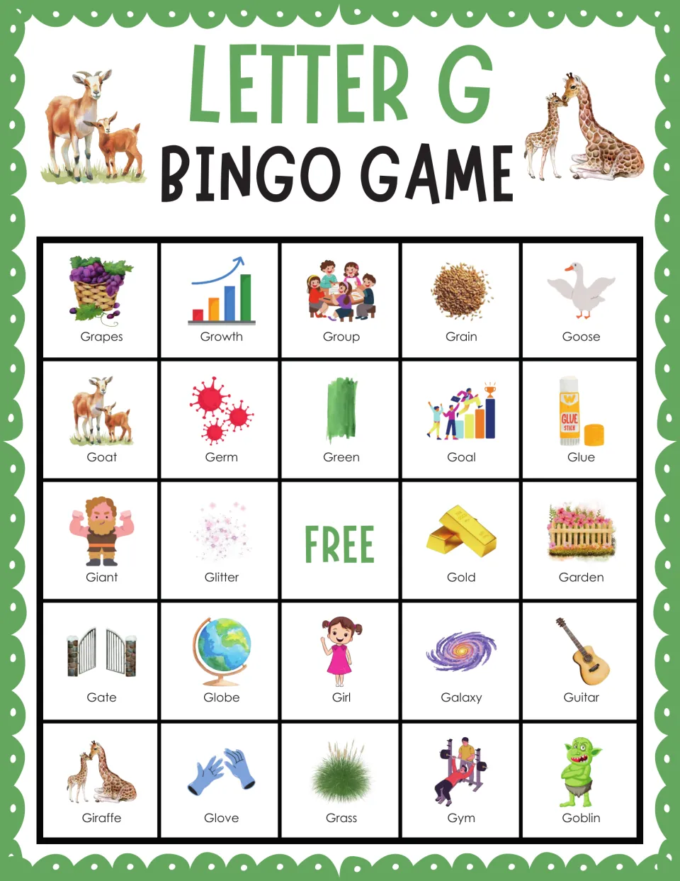 Letter G bingo card 7: Grapes, Growth, Group, Grain and Goose head the G pictures students match to called words