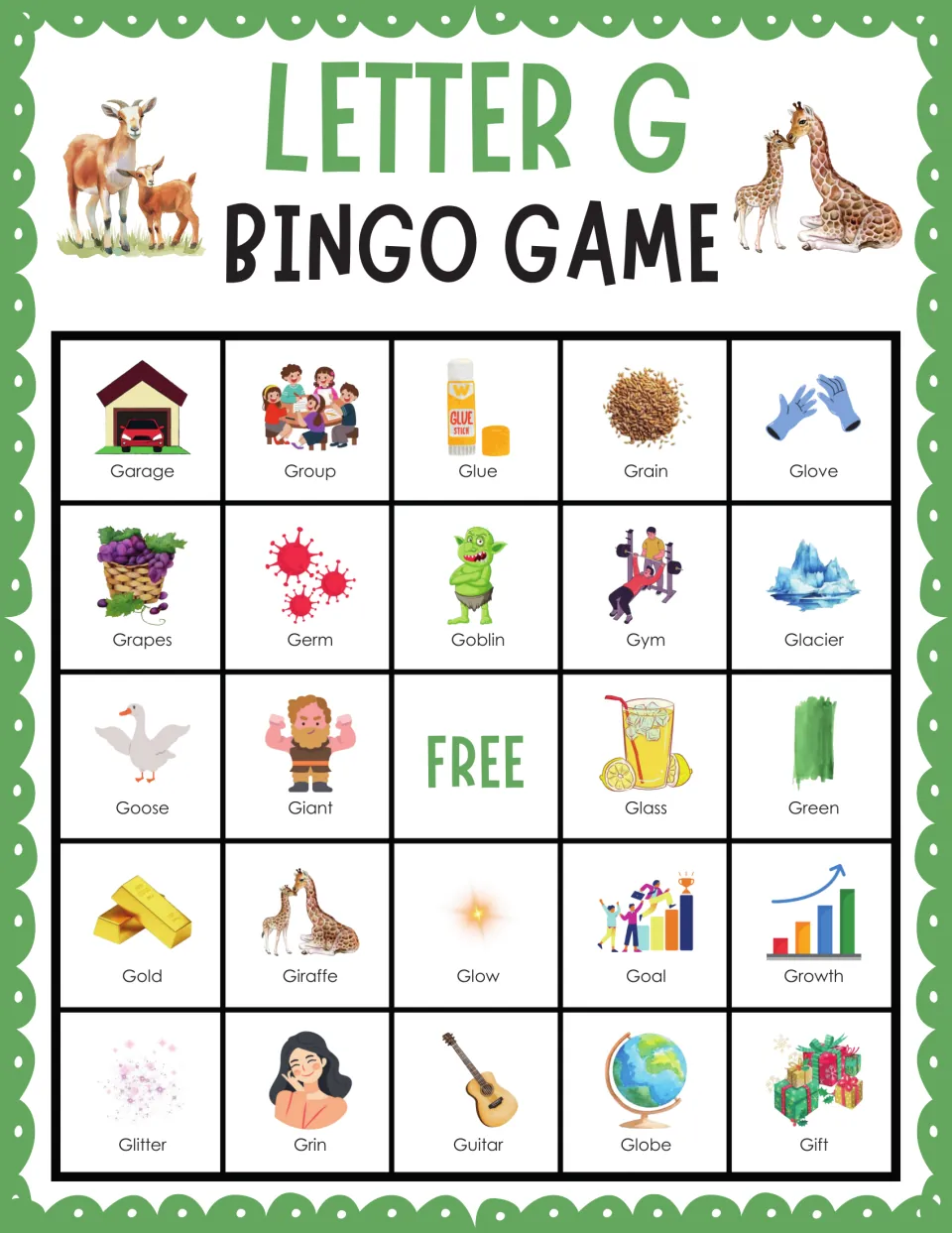 Letter G bingo card 8: illustrated words Garage, Group, Glue, Grain and Glove start 24 G pictures to mark when named