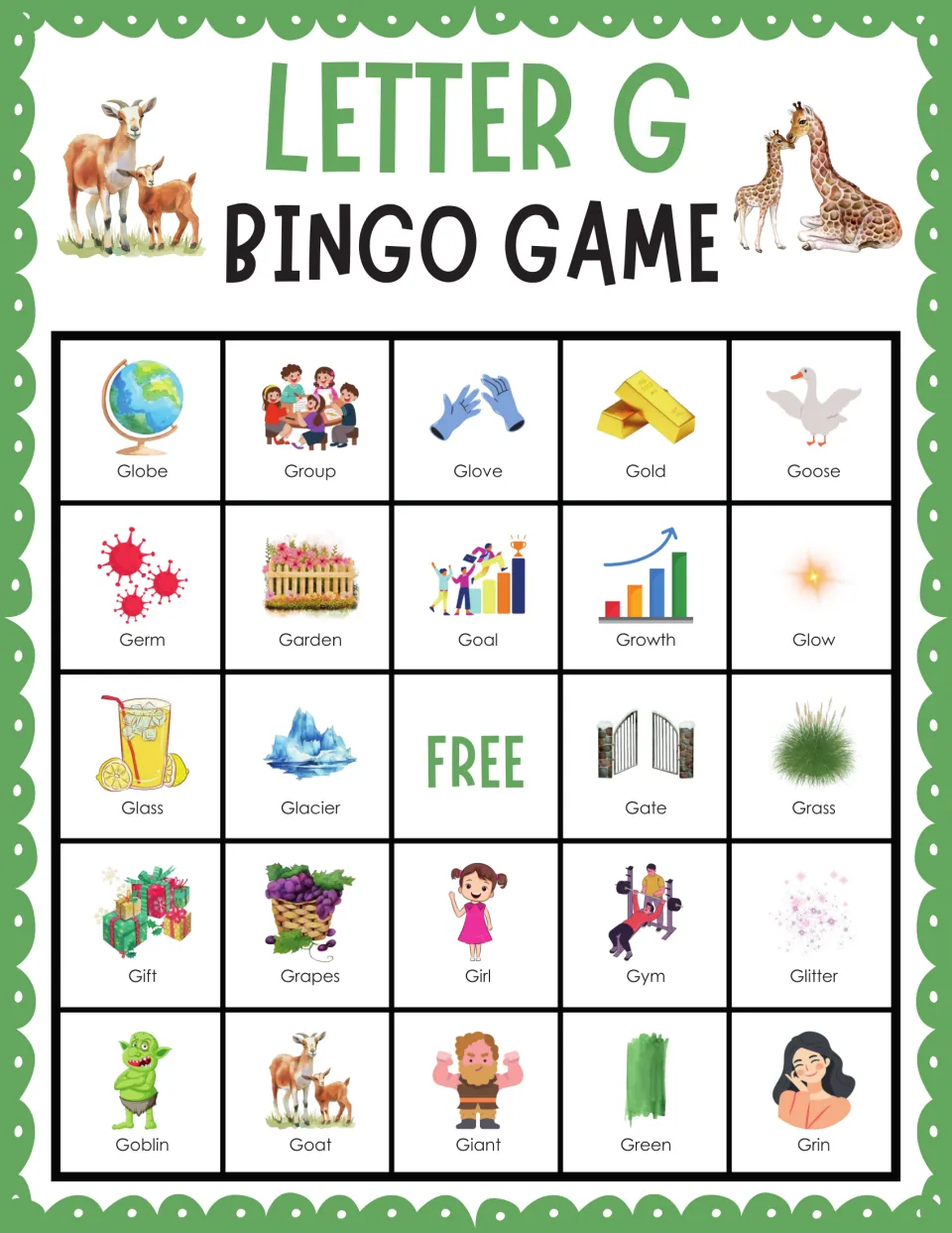 Letter G bingo card 9: players find Globe, Group, Glove, Gold, Goose and more pictured G words to call bingo