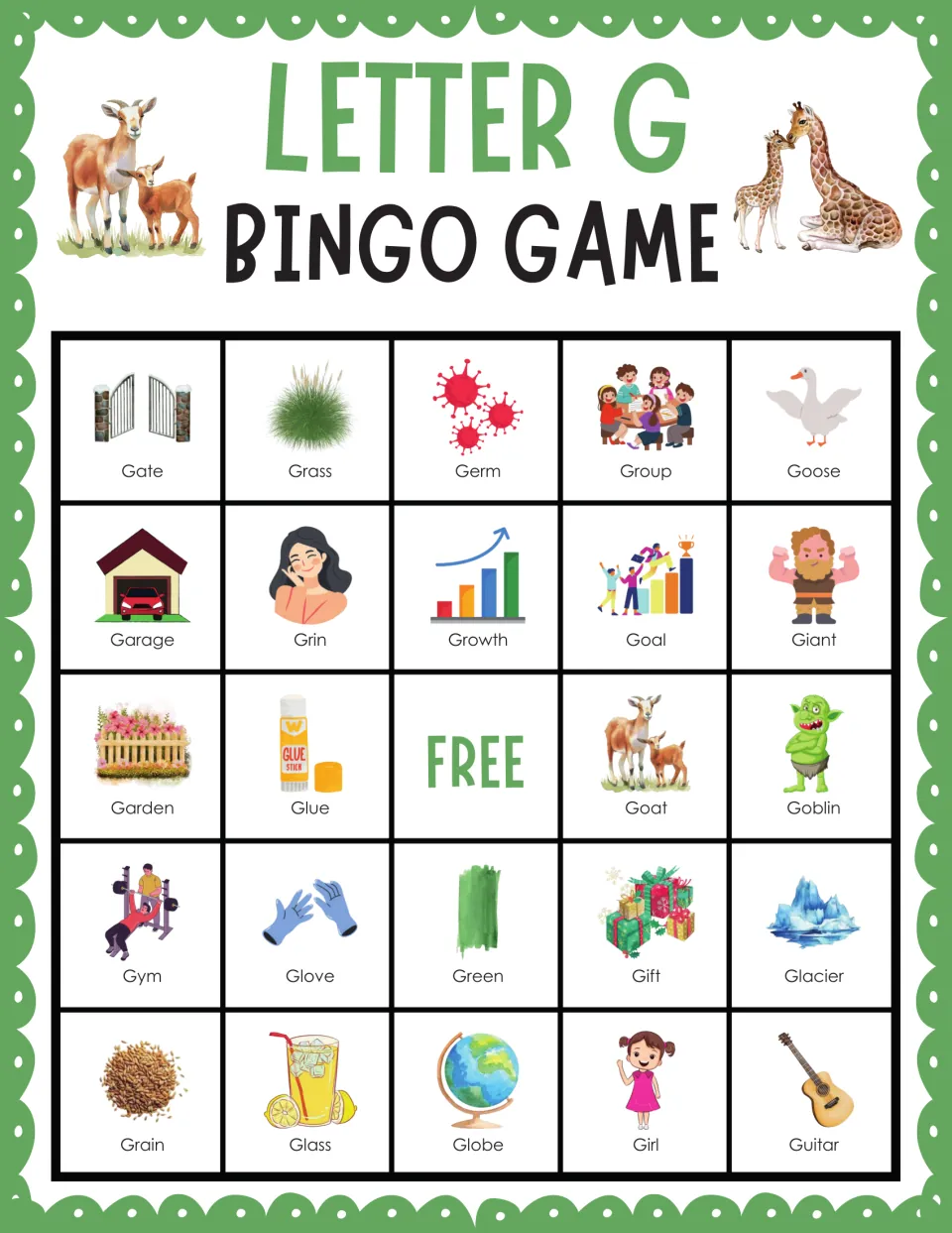 Letter G bingo card 10: Gate, Grass, Germ, Group and Goose lead the labeled G pictures students cover to get bingo