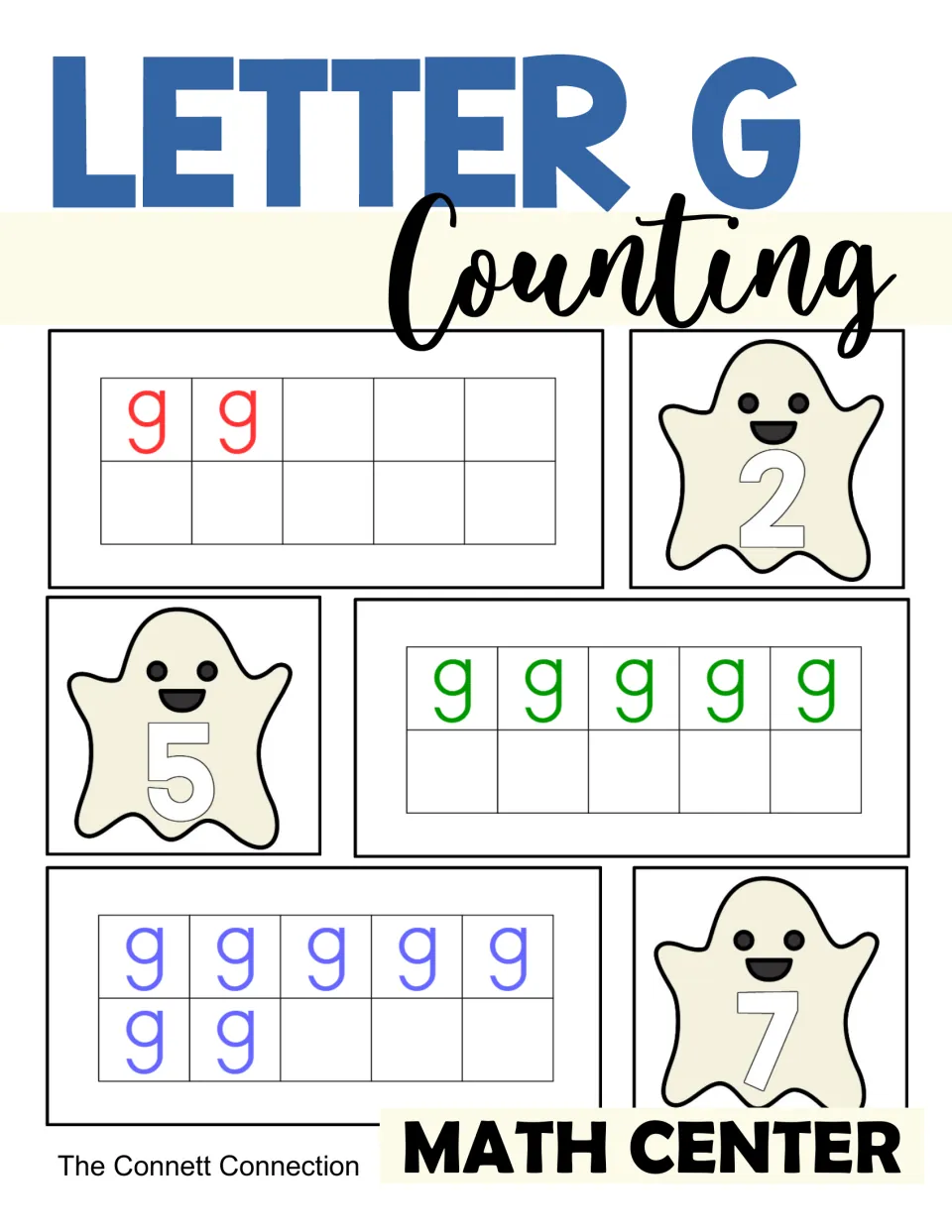 Cover of Letter G Counting to 10 Centers, showing lowercase g quantities matched to ghost numerals 2, 5, and 7