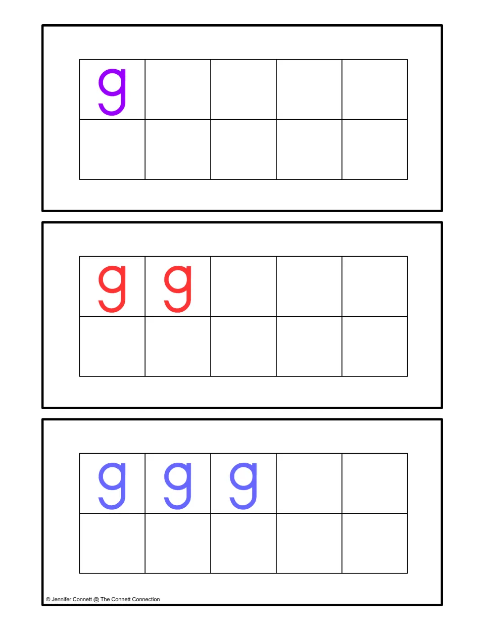Counting cards for quantities 1, 2, and 3, using lowercase g in ten frames to match with ghost numeral cards