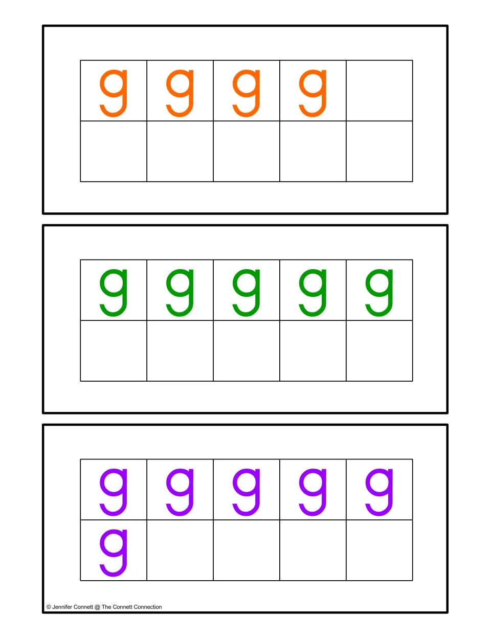 Counting cards for quantities 4, 5, and 6, using lowercase g in ten frames to match with ghost numeral cards