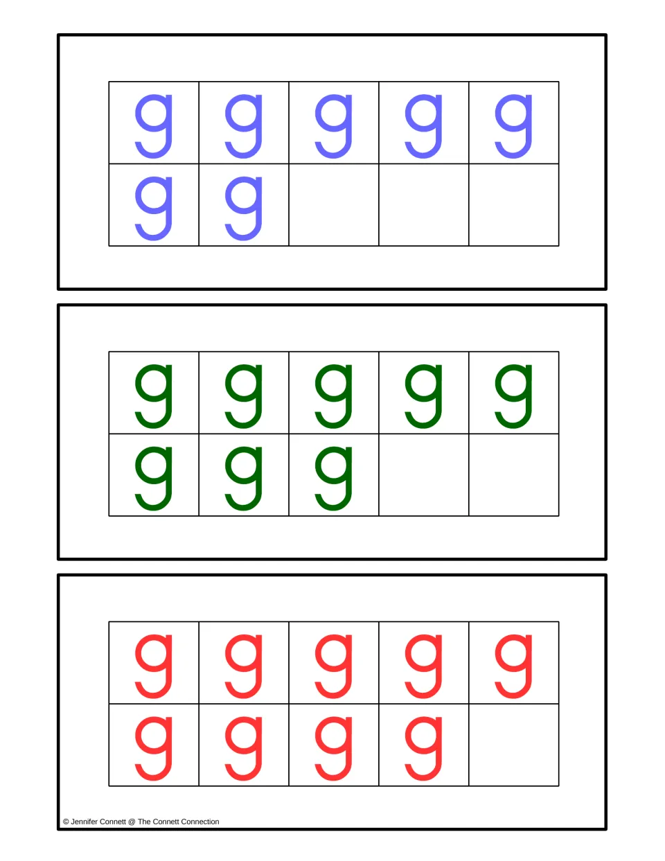 Counting cards for quantities 7, 8, and 9, using lowercase g in ten frames to match with ghost numeral cards