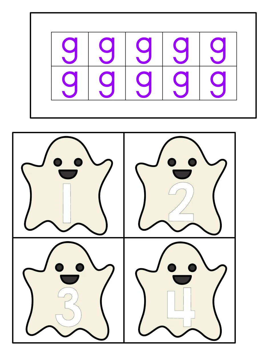 Final counting card showing 10 lowercase g letters in a ten frame, plus ghost numeral cards 1, 2, 3, and 4