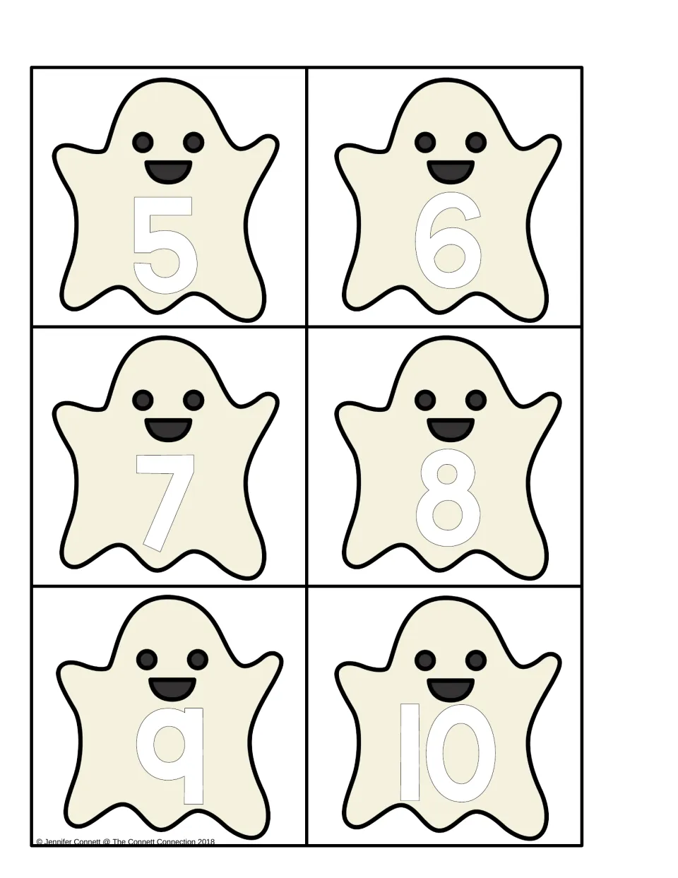 Ghost numeral cards 5, 6, 7, 8, 9, and 10 for matching to the lowercase g counting cards in the math center