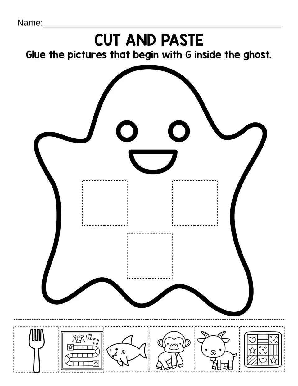 Letter G beginning sounds: students cut out 6 pictures like a goat and a fork and glue the 3 G words inside a ghost