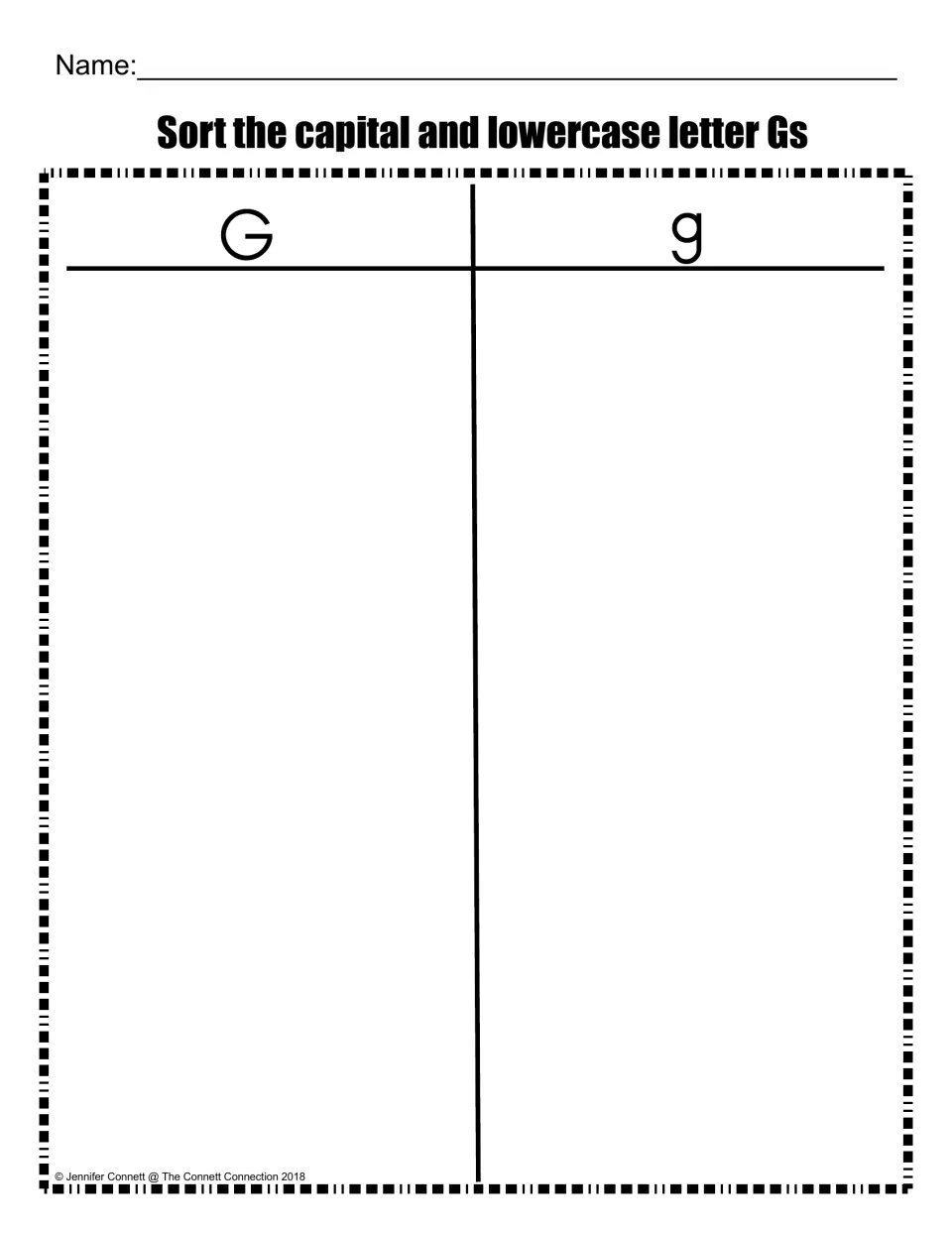 Capital and lowercase letter G sort mat: students glue each letter piece under the G or g heading to tell the forms apart