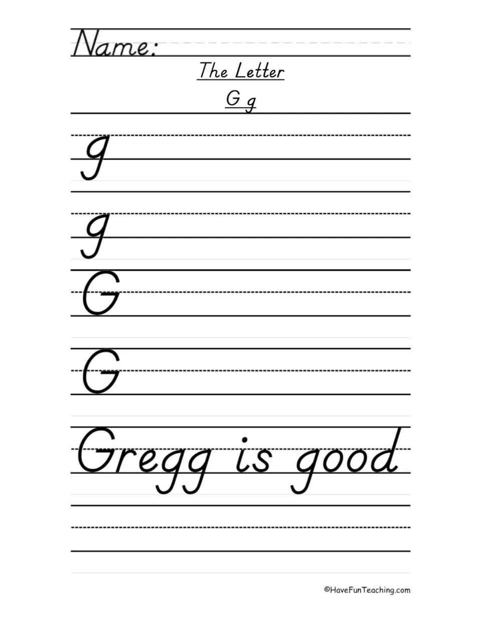 Letter G handwriting practice in D'Nealian style: lowercase g, uppercase G, and the sentence 'Gregg is good'.