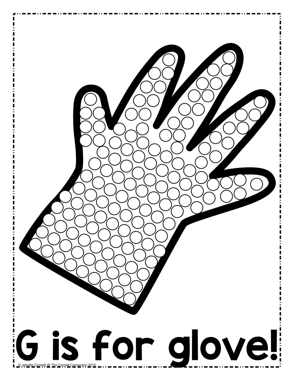 G is for glove: students dab dot markers in each circle inside a glove outline, pairing the letter G with a picture word