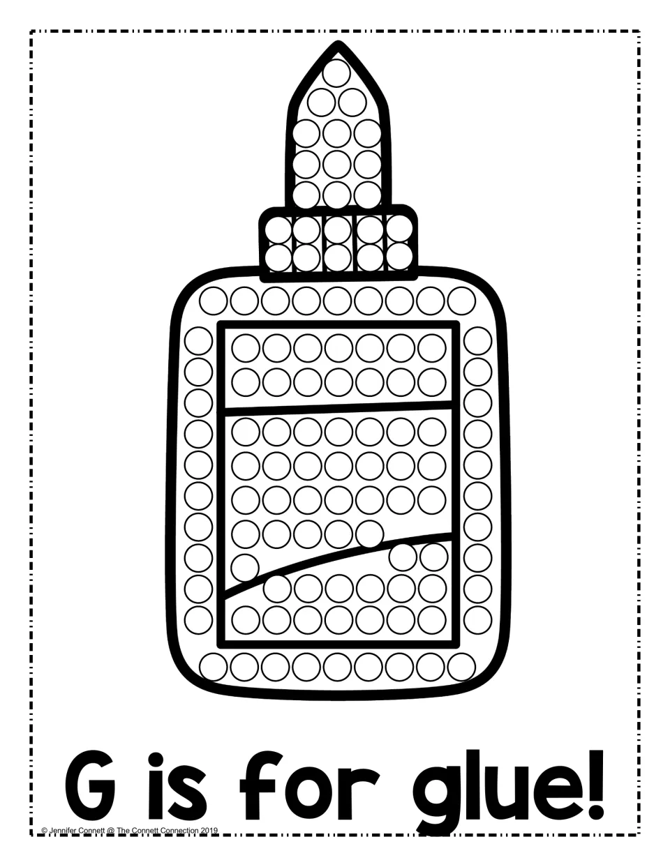 G is for glue: students fill each circle on a school glue bottle with dot markers, matching the letter G to its picture