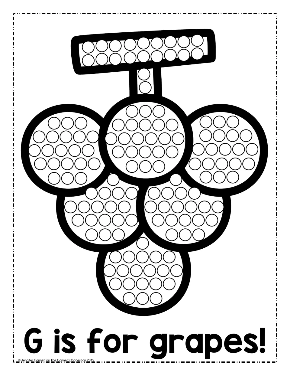 G is for grapes: students dot circles across a bunch of seven grapes and the stem, practising fine motor control with G