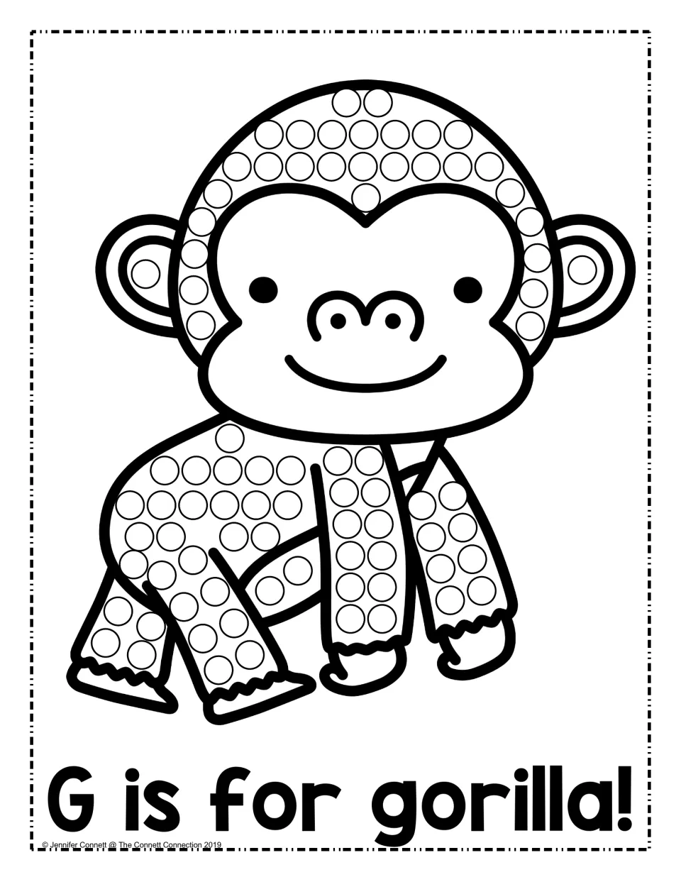 G is for gorilla: students press dot markers onto circles on a smiling gorilla's head, arms and legs for the letter G
